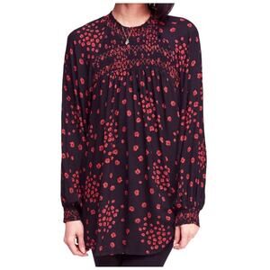 Free People Flowers In Her Hair Black Red Floral Print Smocked Tunic Blouse XS